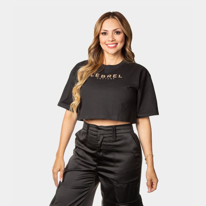 Croptop Oversize negro – Logo Couture Beige
